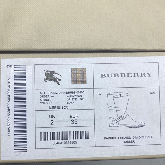 Burberry Rainboot Black Mid Buckle Rubber Sz 35 - Picture 2 of 11